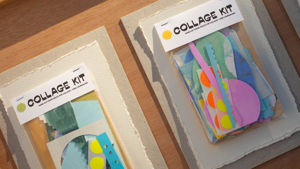 Collage kits with colorful items on a wooden surface