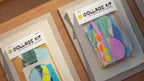 Collage kits with colorful items on a wooden surface